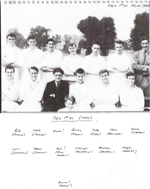 Penarth Grammer School Cricket 1st XI (L to R - Rob Grant, Neil Thomas, David Balston, Ricky Flear, Pete Cross, Chris Edwards, Dave Weber, Colin Williams, Peter Thomas, Sir! (Alan Carter), Mervyn Tetley(?), Graham Gibbon, Hugh Billot, Scorer?) 