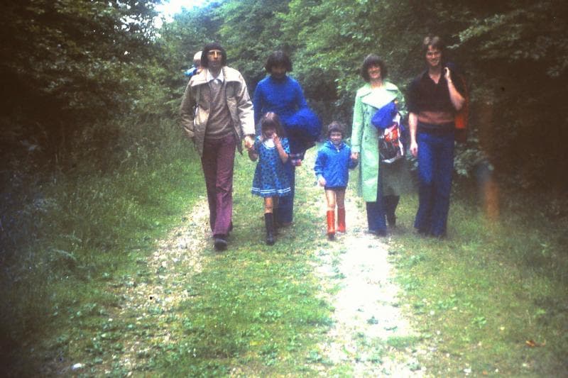 David, Lorna, Heather and Phil with Ceri(on David's shoulders), Sian & Marc in some funky red wellies at Butser Hill - June 1976