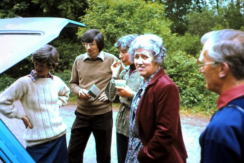 David, Heather, Heather's Mum & Dad, Heather's sister-in-law Lorna in woods, near Sparsholt Spring 1980