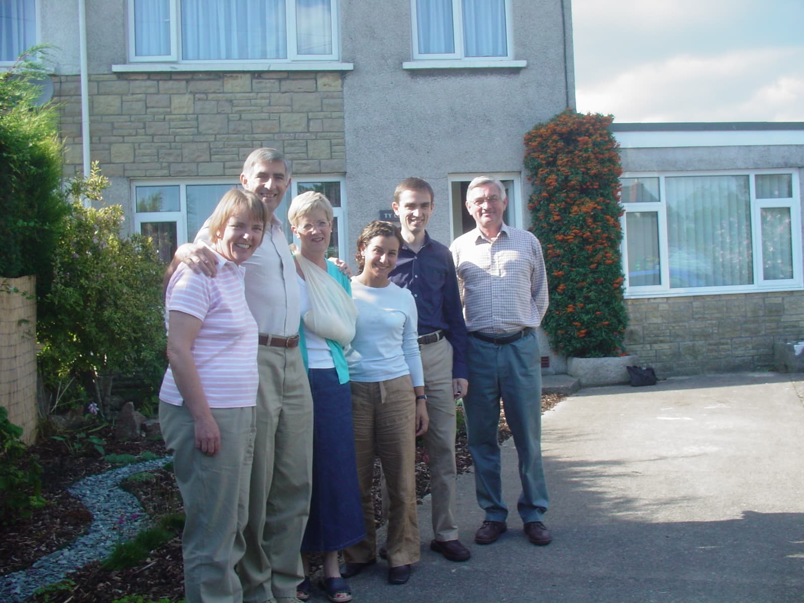 Gareth and Carla's visit to the UK - David, Heather, Howard, Karen, Gareth and Carla. Outside Howard and Karen's house in Coychurch, Wales